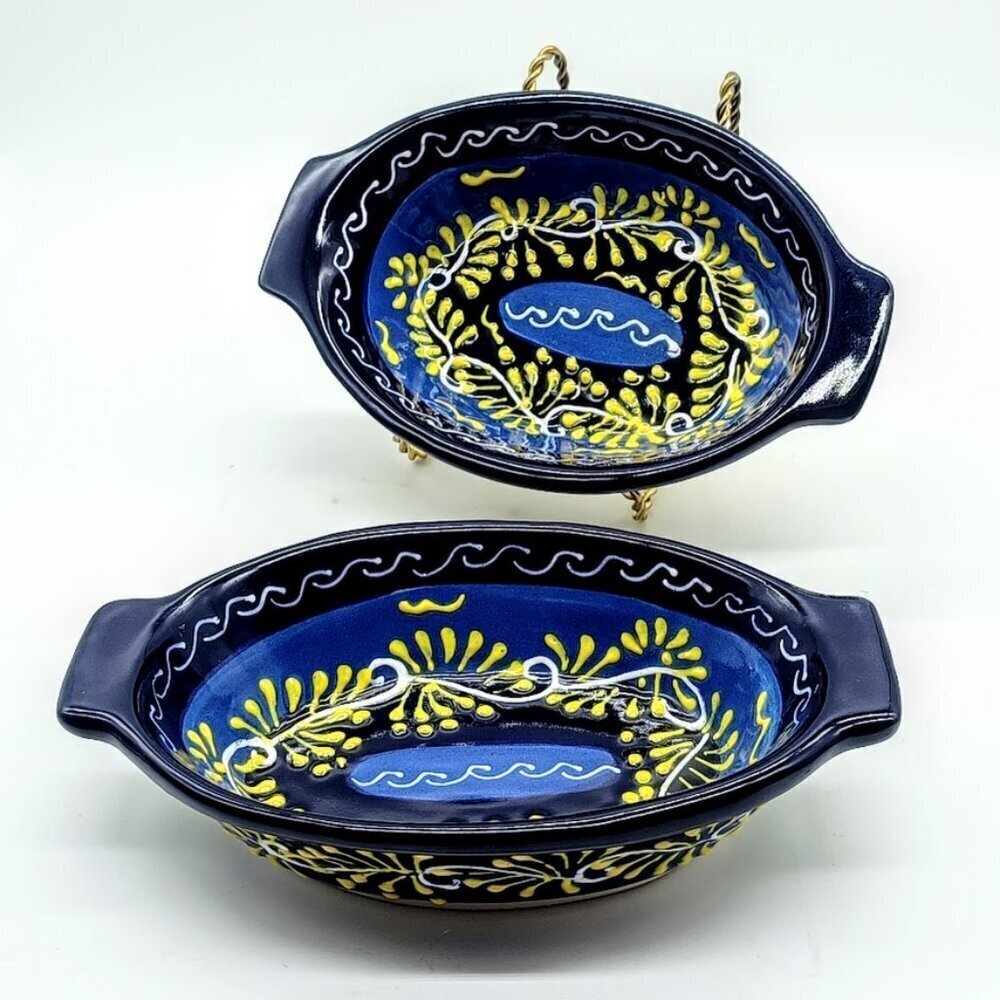 Mexican Talavera Pottery Blue Yellow Oval Bowls